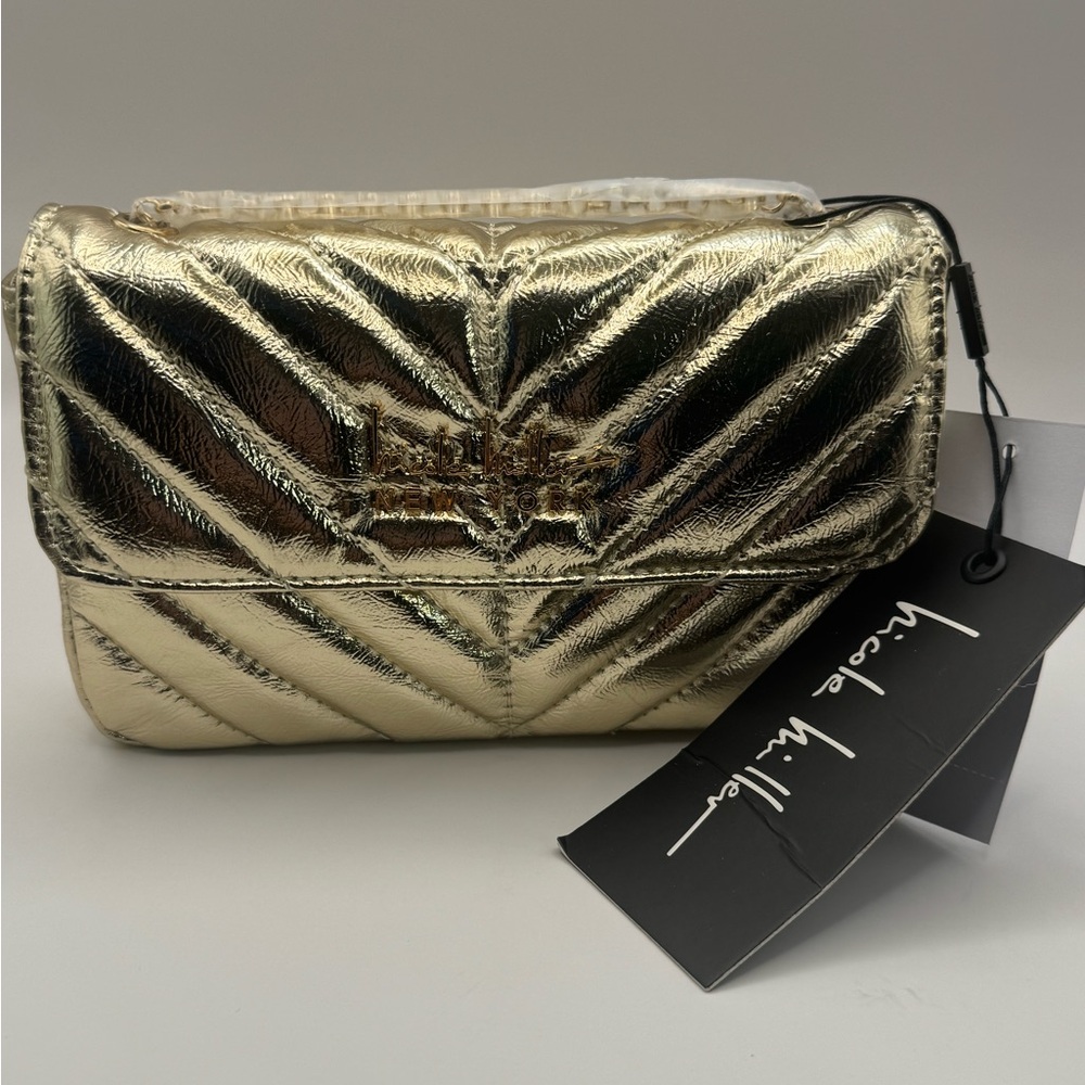 Nicole Miller Gold Quilt Gold Chain Strap Crossbody Small Bag Purse Clutch Prom